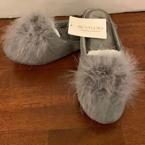 BC Studio Gray slip on house shoes detailed with faux fur